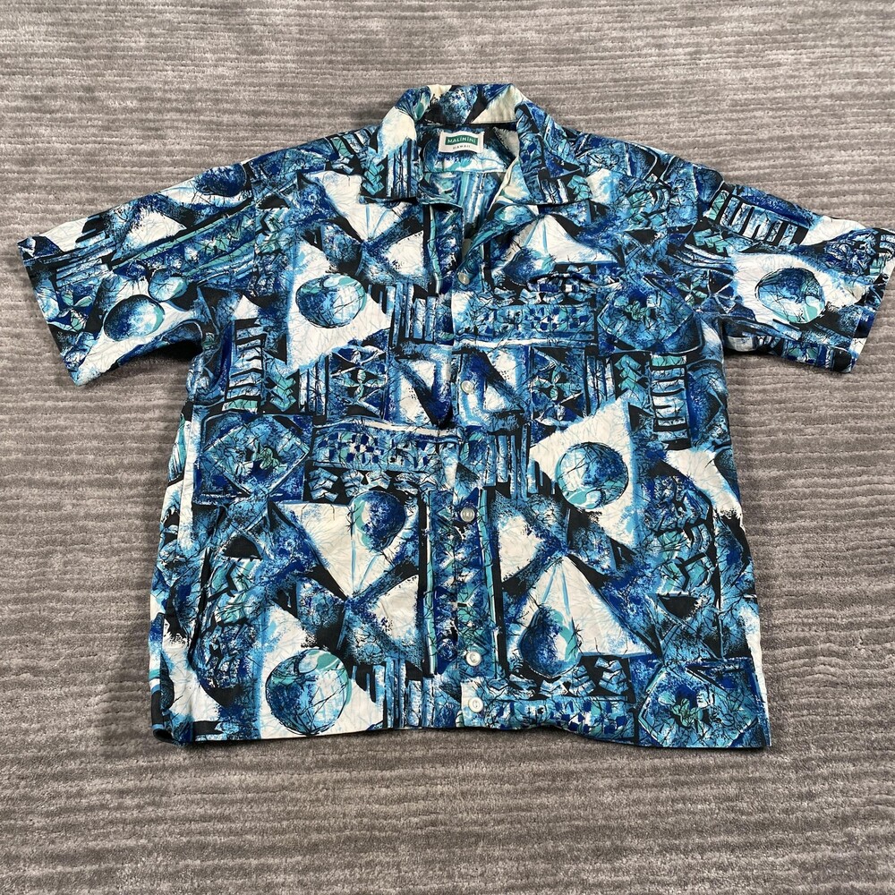 Vintage Malihini Hawaiian Shirt Mens Large Blue Graphic Short Sleeve Cotton